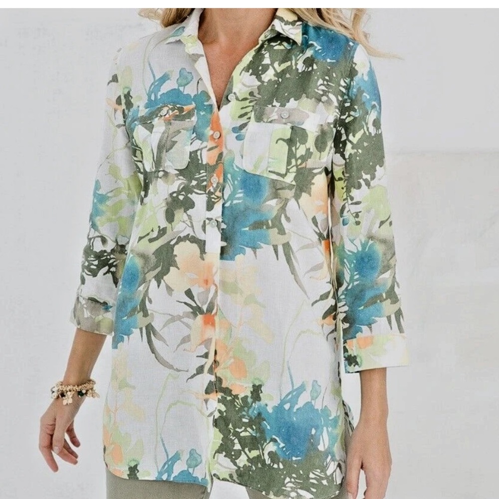 Chico's No-Iron Linen Floral Paradise Shirt Button-Down Shirt tunic